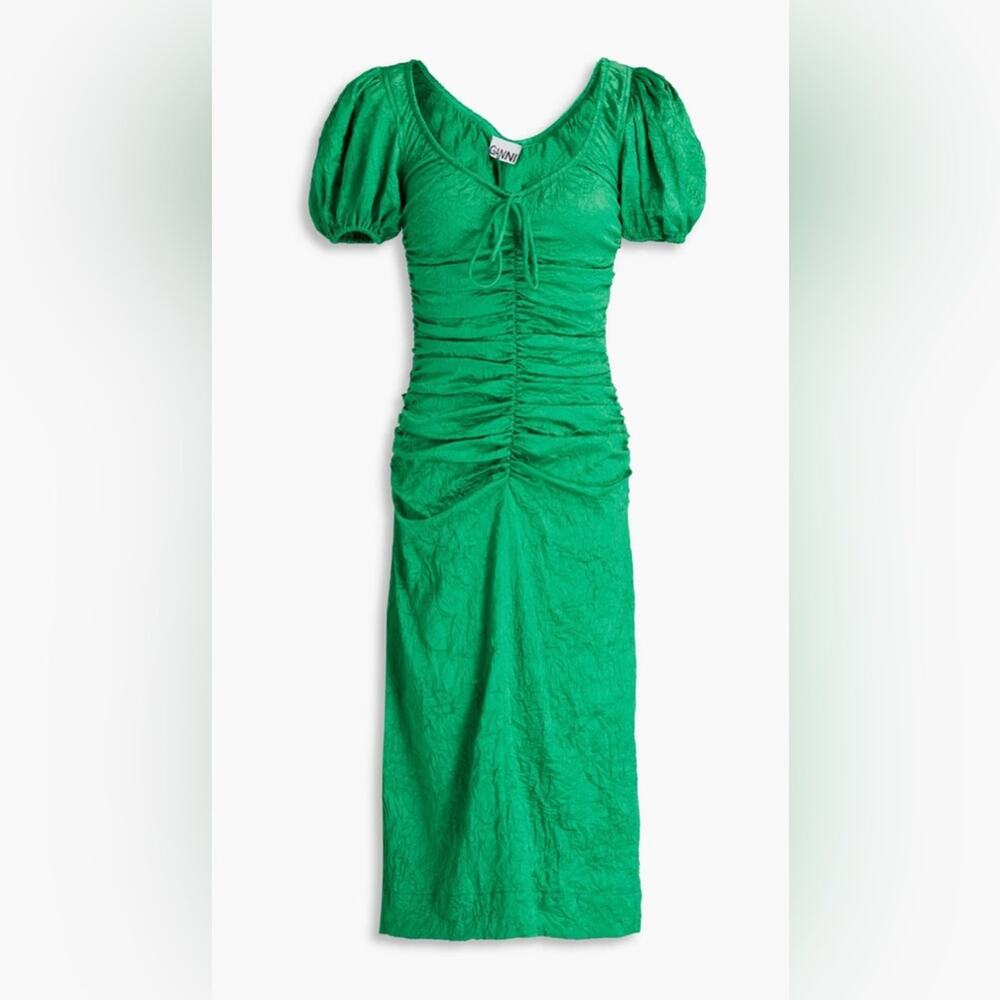 Ganni Ruched Crinkle Satin‎ Midi Dress Women Size 2 Green NWT Puff Sleeve